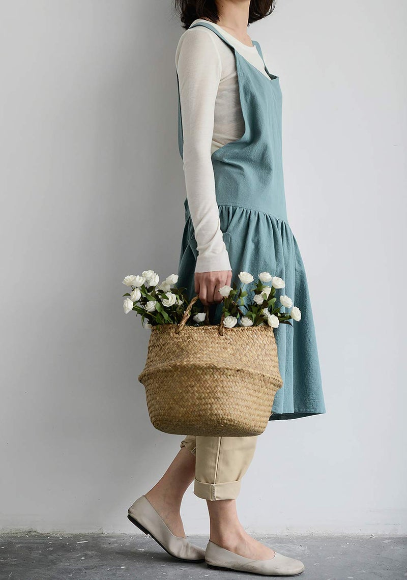 NEWGEM Cotton Linen Cross Back Apron for Women with Pockets for Gardening Cleaning Turquoise with Waist Ties - Image 3